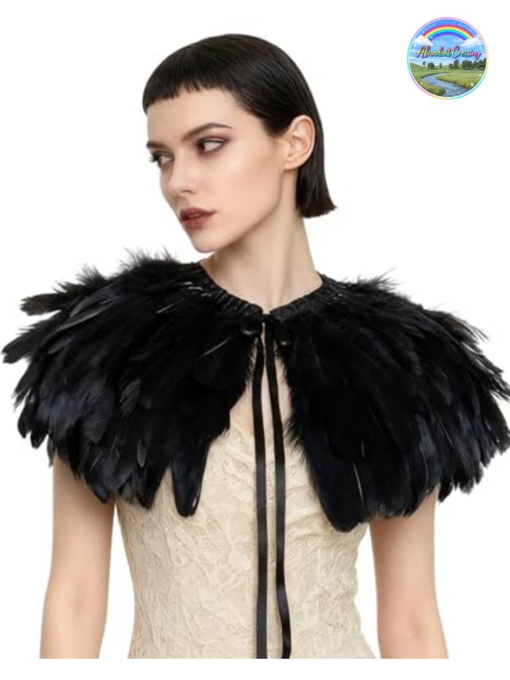 Real Feather Cape Shrug Short Shoulder Shawl Satin Ribbon Tie Closure